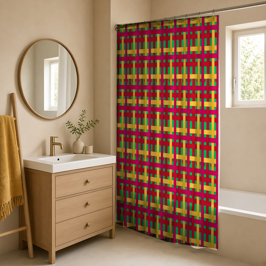 Big Jewel Ribbon Weave Shower Curtain in a warm neutral bathroom with an oak vanity