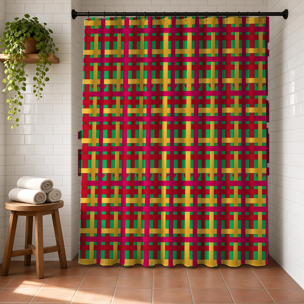 Big Jewel Ribbon Weave Shower Curtain in a bright bathroom with white tiles and a terracotta floor