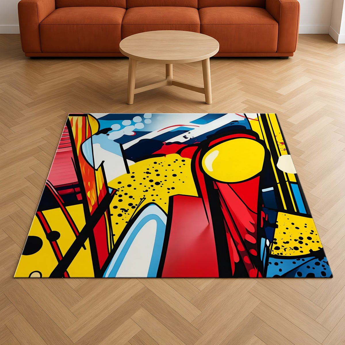 Pop Art Blast Outdoor Rug on a herringbone wood floor in a living room