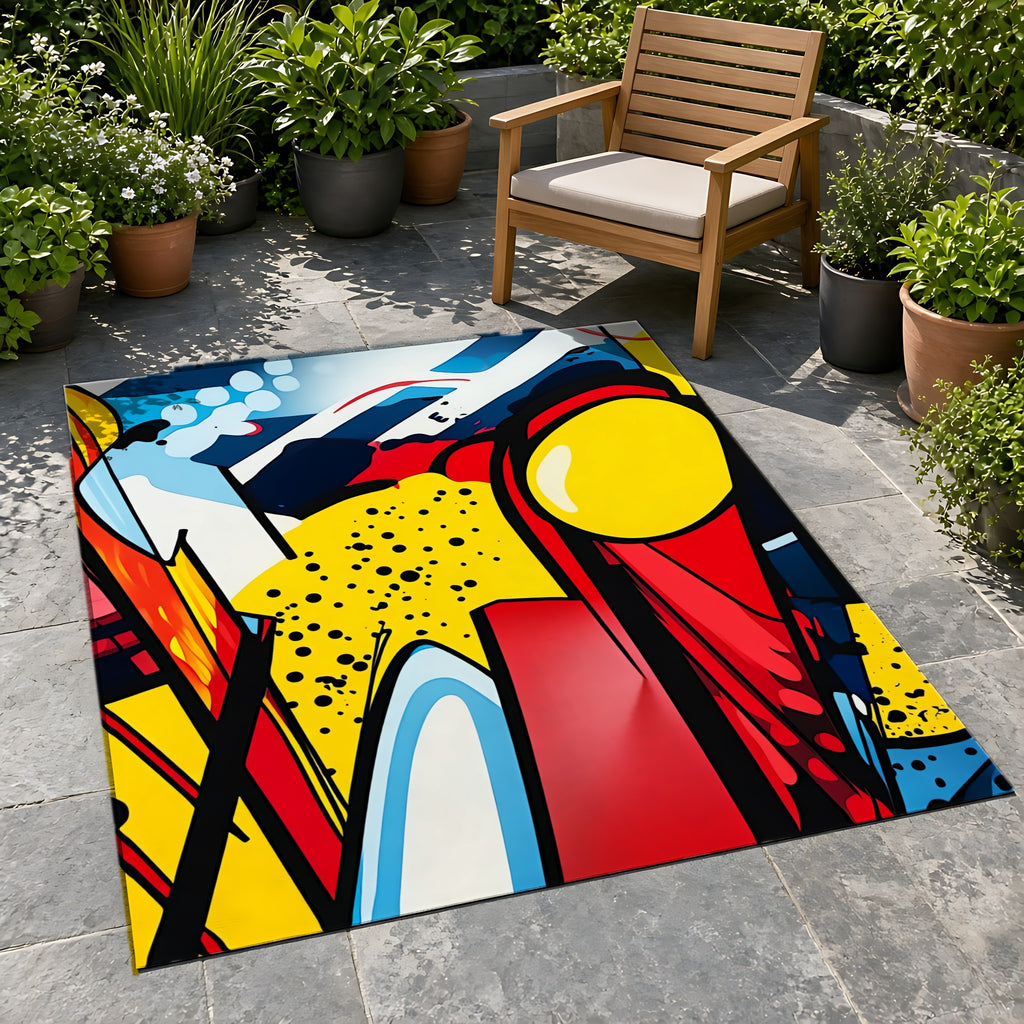 Pop Art Blast Outdoor Rug on a stone patio with potted plants