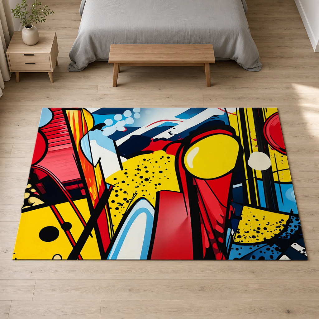 Pop Art Blast Outdoor Rug on a pale oak floor in a calm bedroom