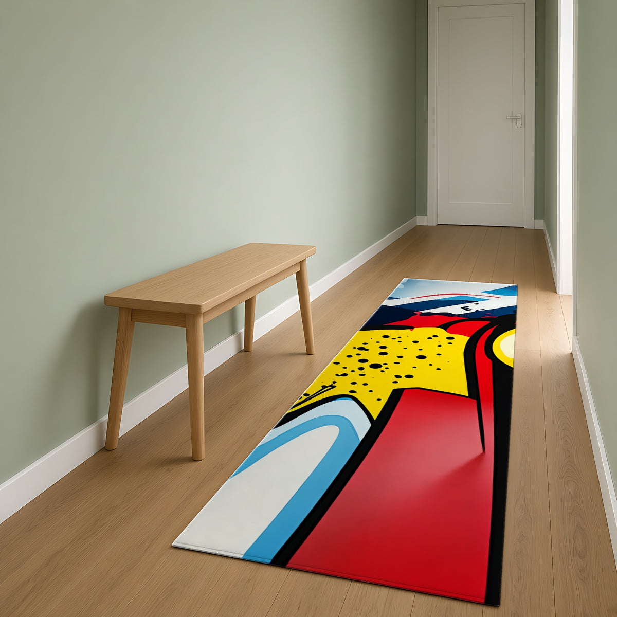 Pop Art Blast Outdoor Rug as a runner in a sage-green hallway