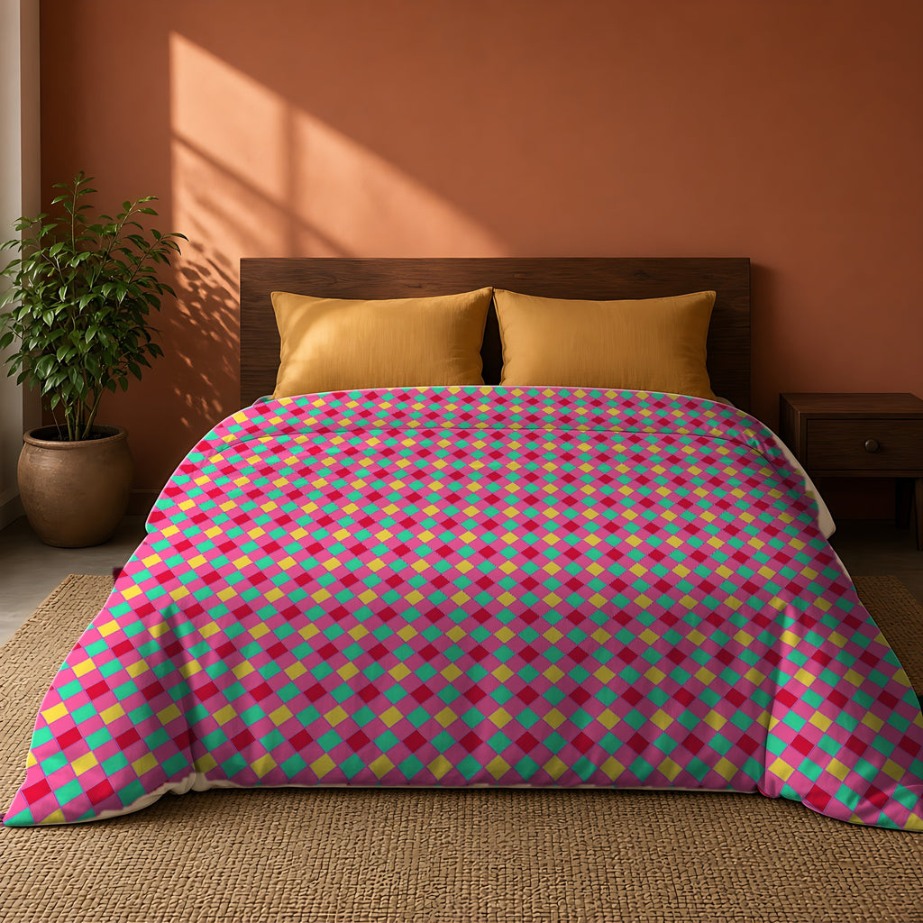 Jewel Harlequin Check Cotton Duvet Cover on a king bed against a warm terracotta wall