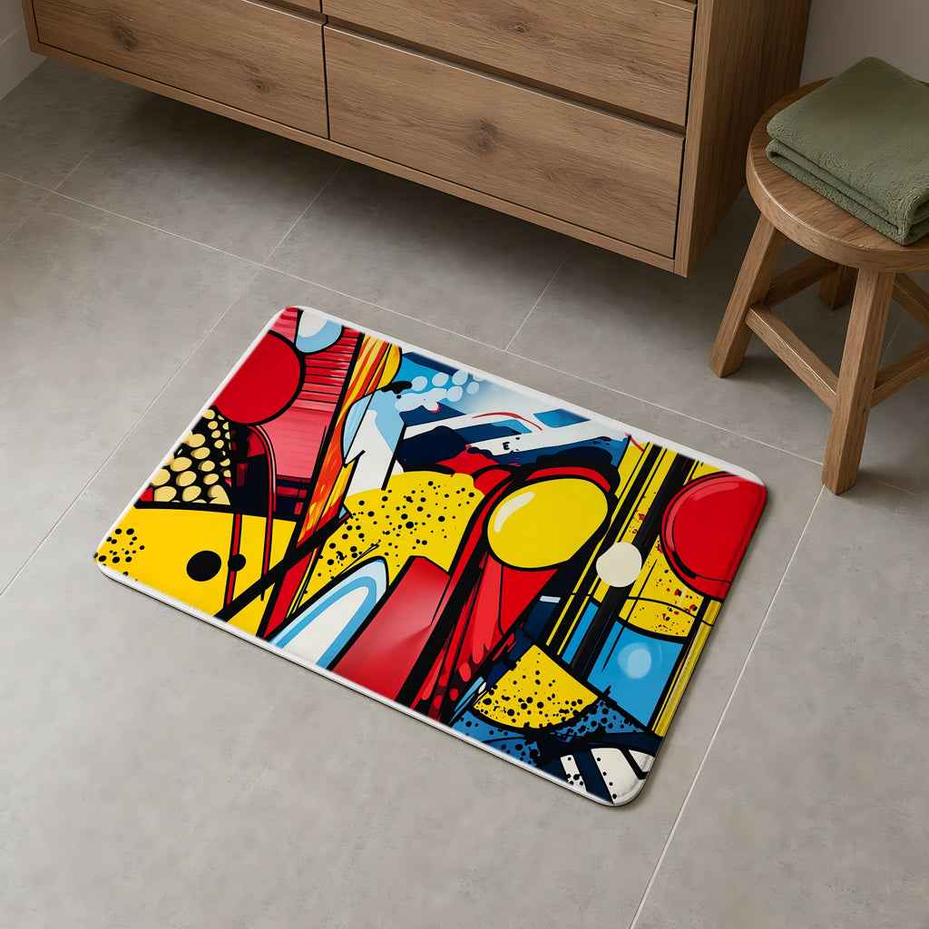 Pop Art Blast Bath Mat on a grey tiled bathroom floor