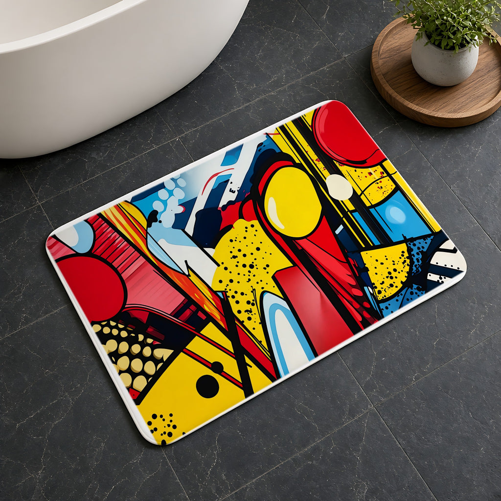 Pop Art Blast Bath Mat on a dark slate floor beside a bath