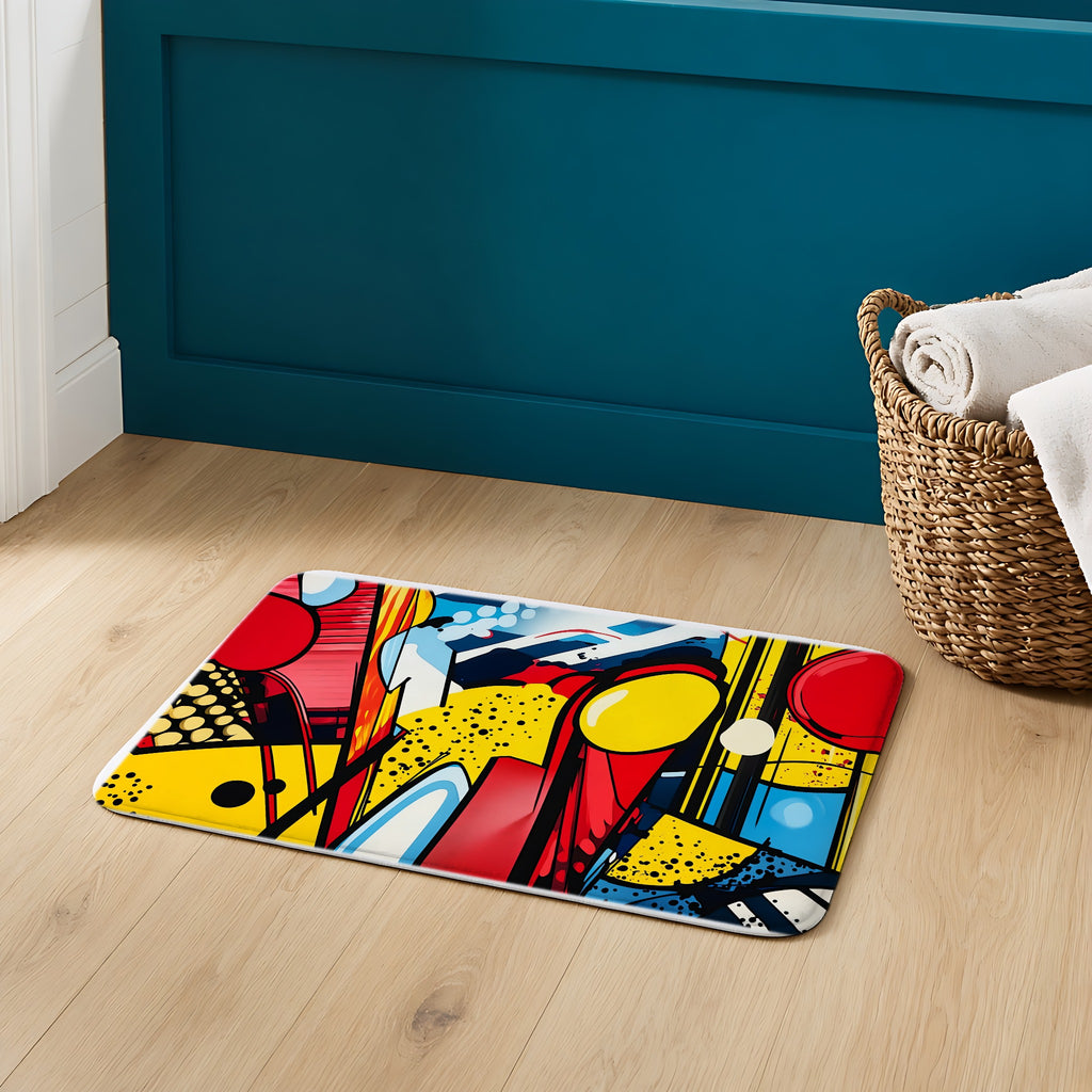 Pop Art Blast Bath Mat on an oak floor in a teal bathroom
