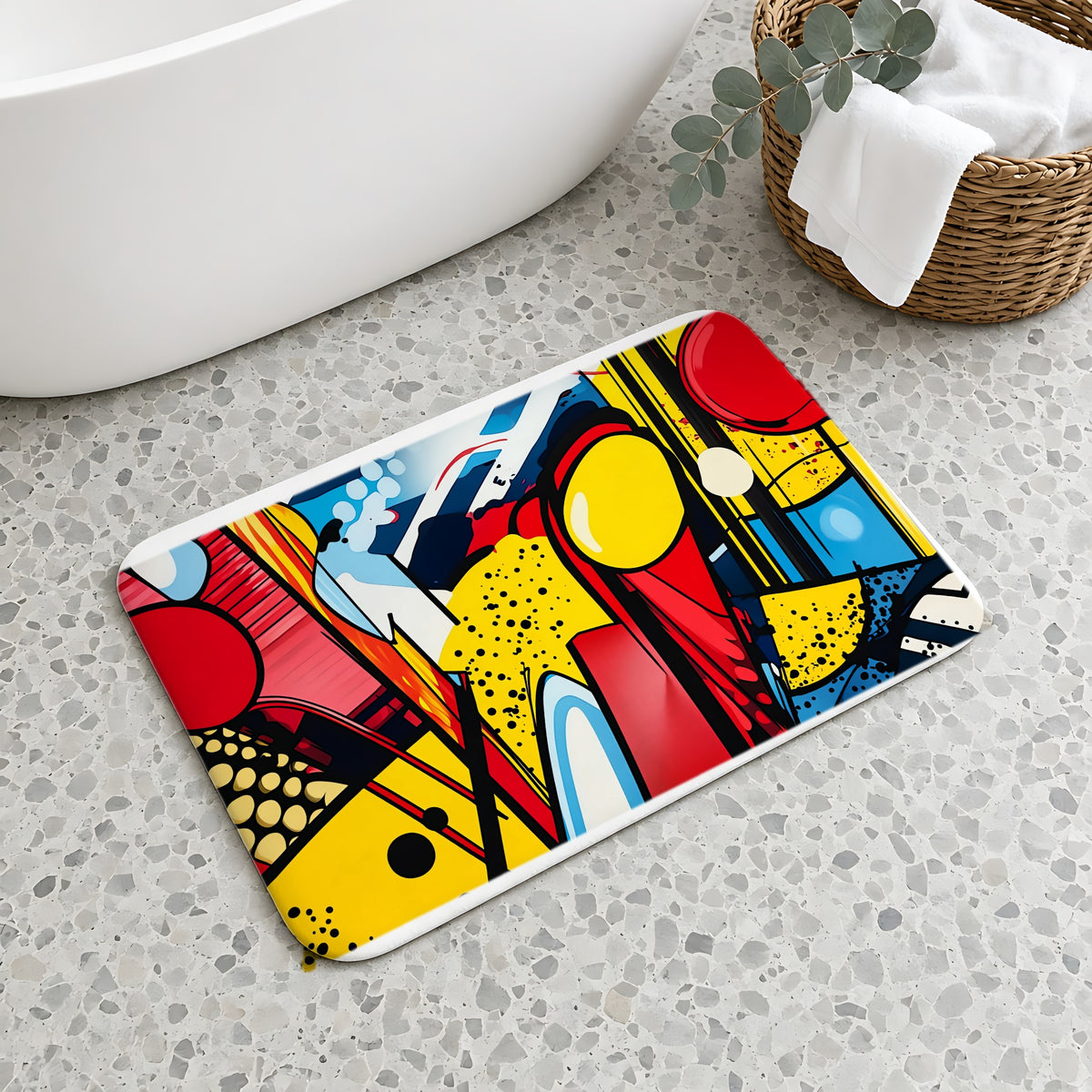 Pop Art Blast Bath Mat on a terrazzo floor beside a freestanding bath
