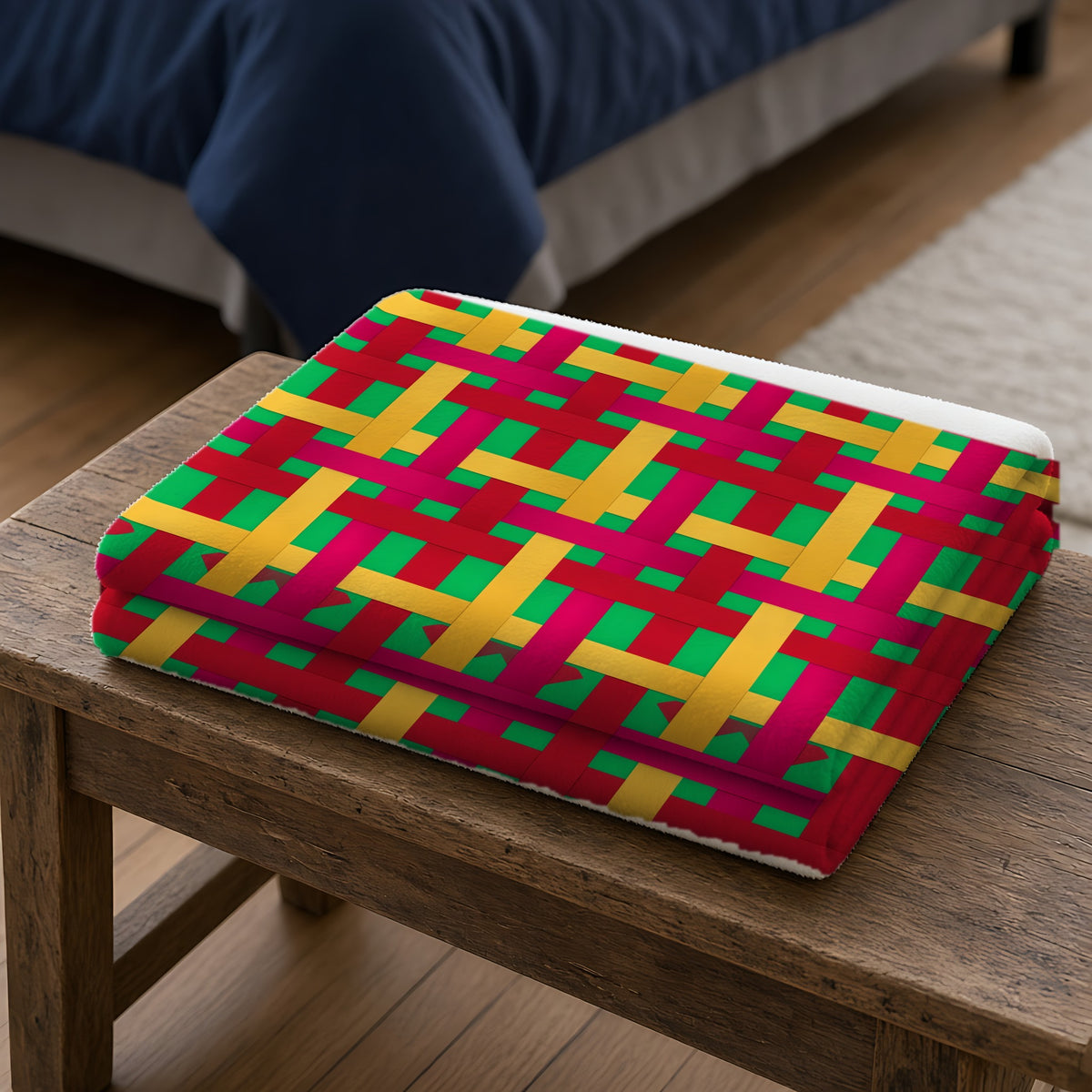 Big Jewel Ribbon Weave Sherpa Fleece Blanket folded on a wooden bench