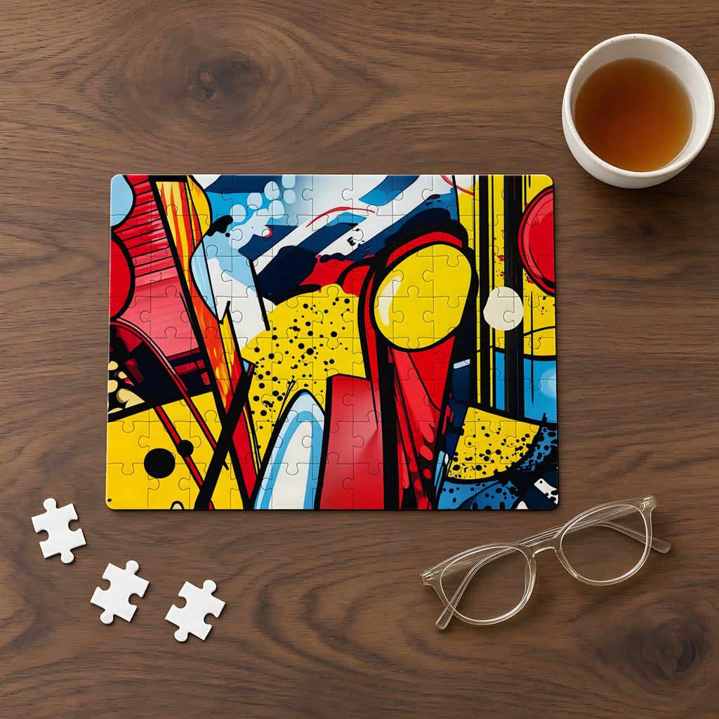 Pop Art Blast Jigsaw Puzzle with Tin completed on a walnut table