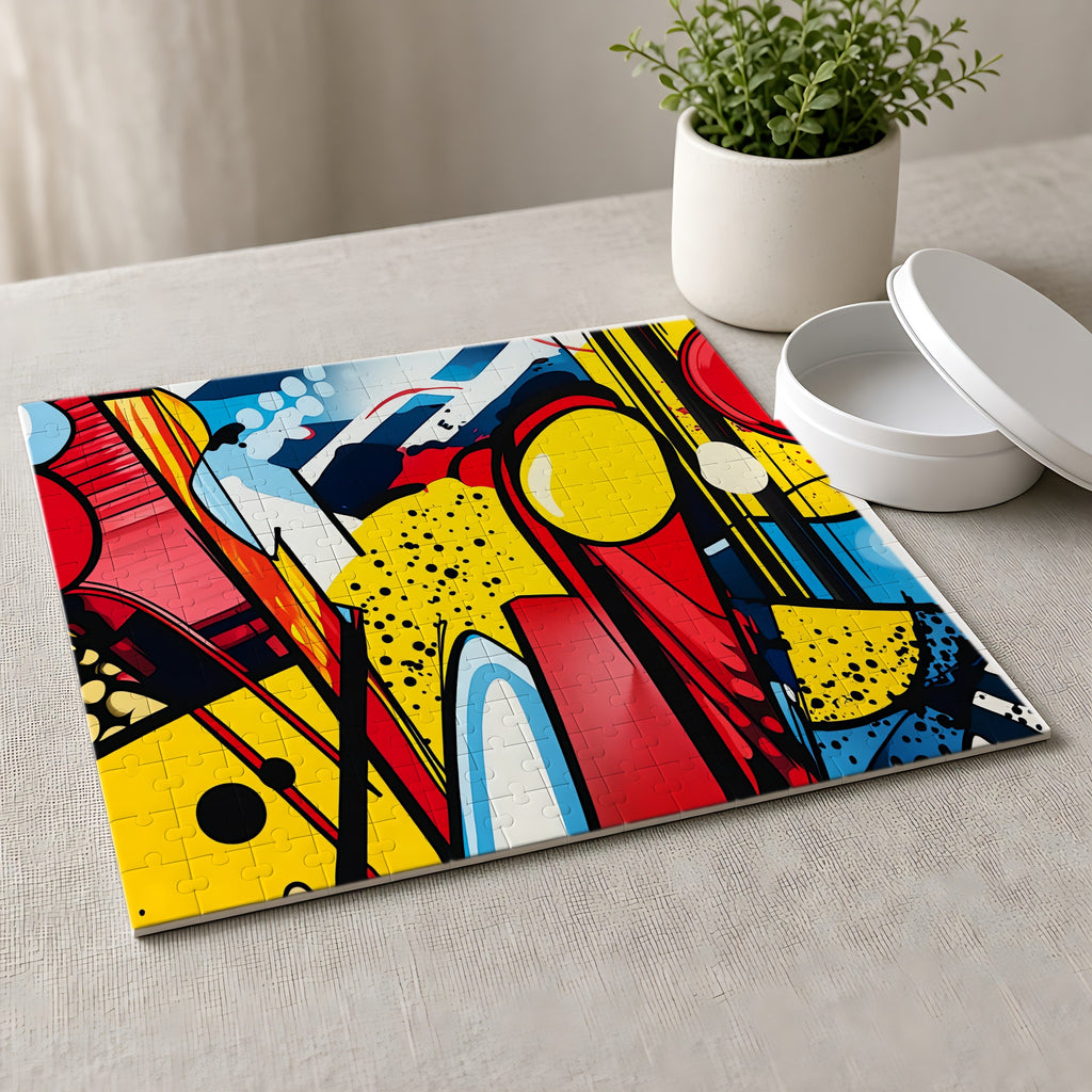 Pop Art Blast Jigsaw Puzzle with Tin completed on a linen tablecloth