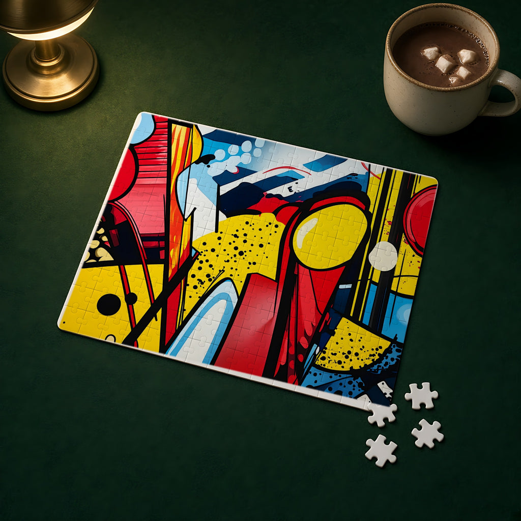 Pop Art Blast Jigsaw Puzzle with Tin completed on a green games table