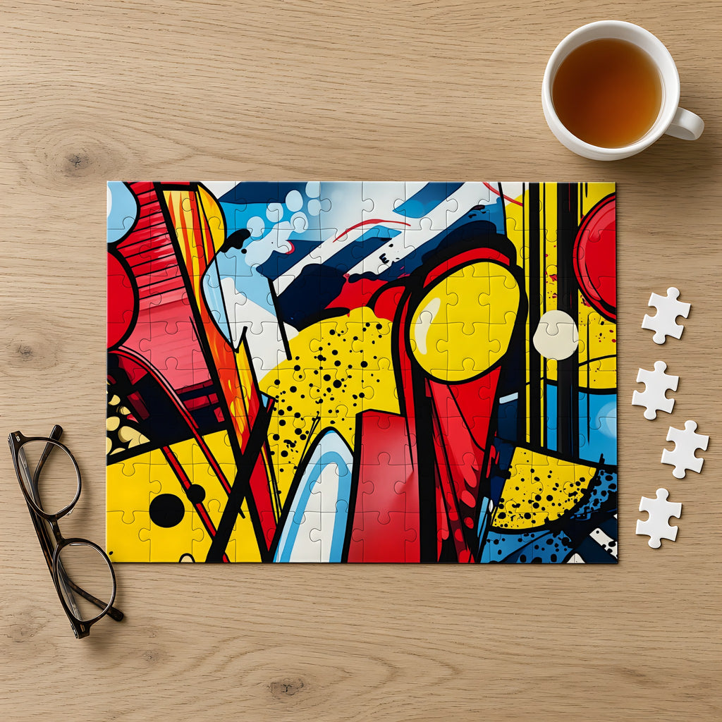 Pop Art Blast Jigsaw Puzzle with Tin completed on a light oak table with a cup of tea