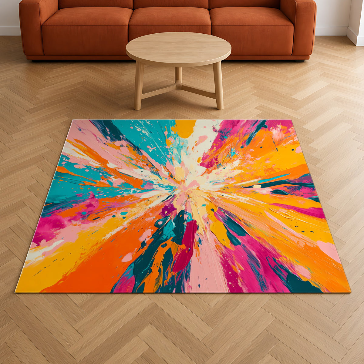 Colour Burst Explosion Outdoor Rug on a herringbone wood floor in a living room
