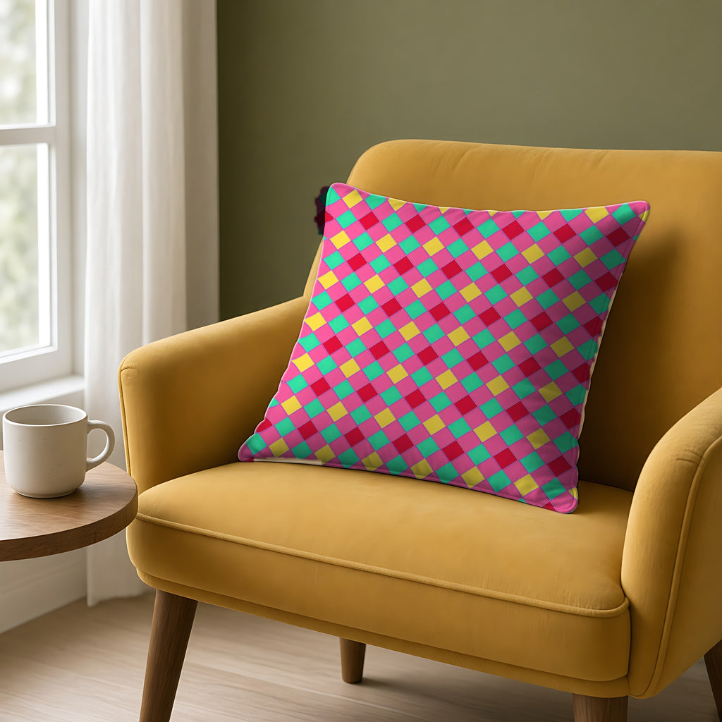Jewel Harlequin Check Faux Suede Cushion on a mustard armchair by a window