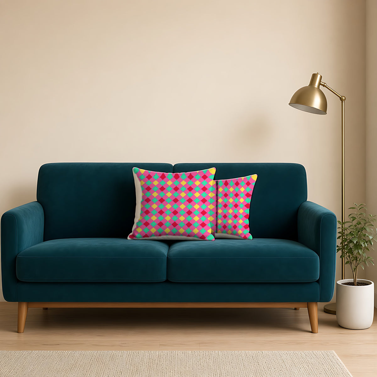 Jewel Harlequin Check Faux Suede Cushion on a teal velvet sofa