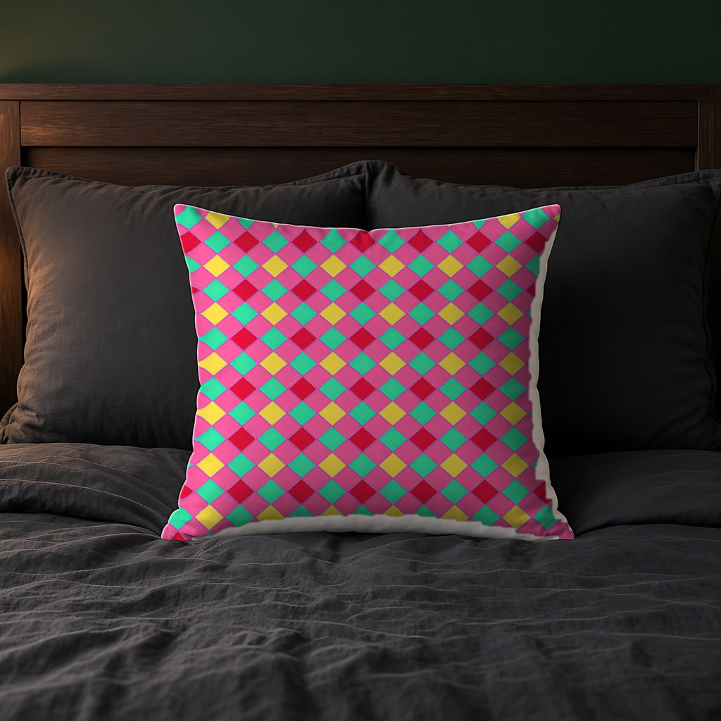 Jewel Harlequin Check Faux Suede Cushion on a bed with charcoal bedding
