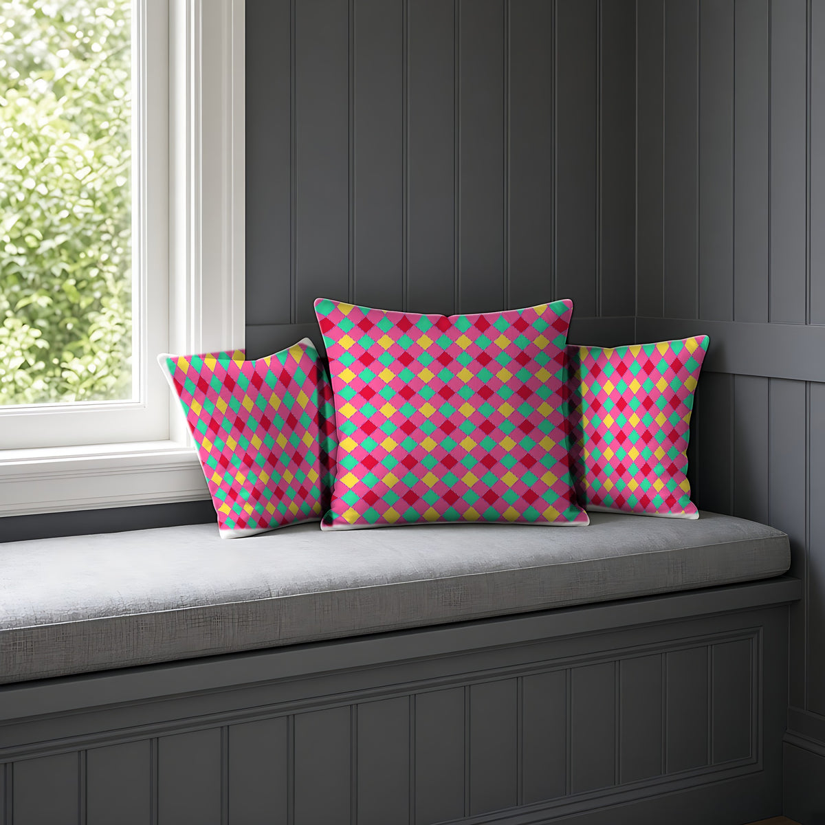Jewel Harlequin Check Faux Suede Cushion on a window seat