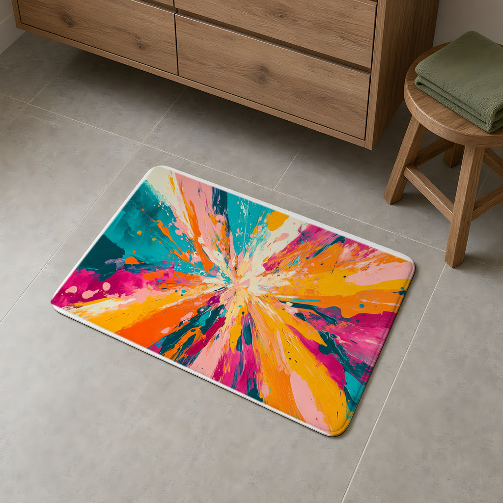 Colour Burst Explosion Bath Mat on a grey tiled bathroom floor