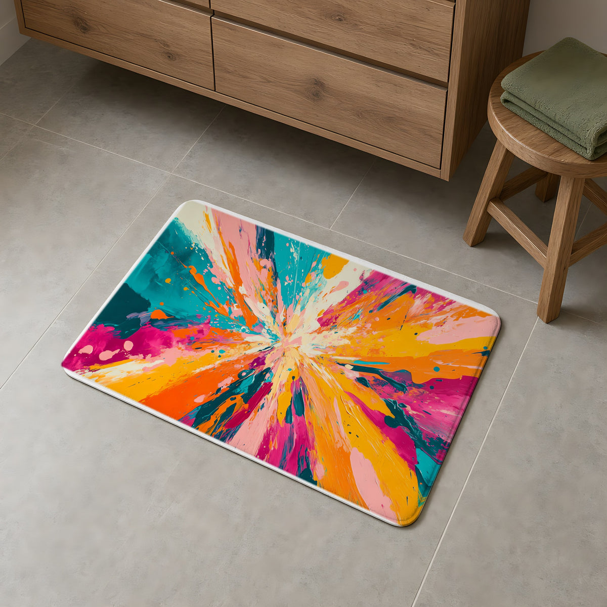 Colour Burst Explosion Bath Mat on a grey tiled bathroom floor