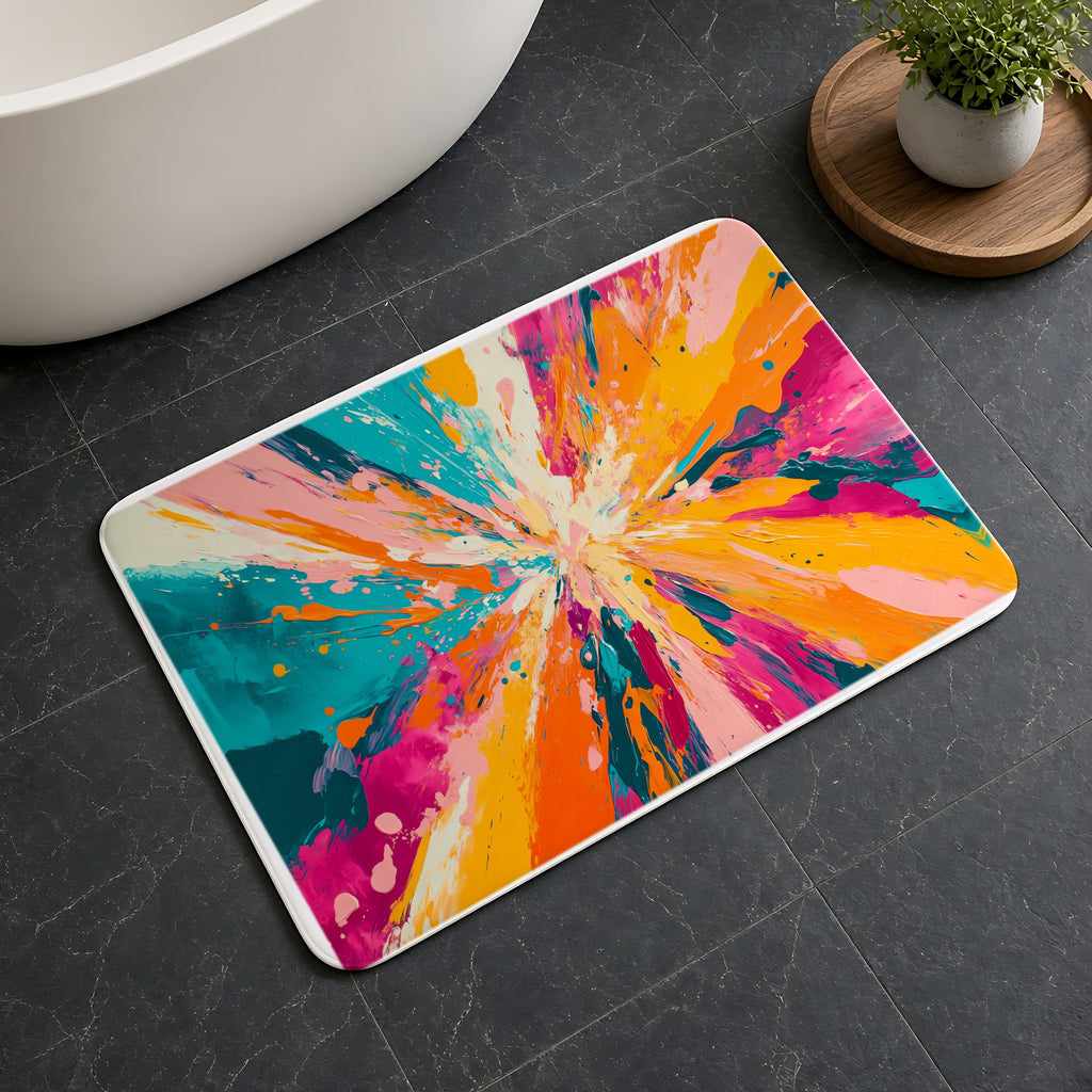 Colour Burst Explosion Bath Mat on a dark slate floor beside a bath
