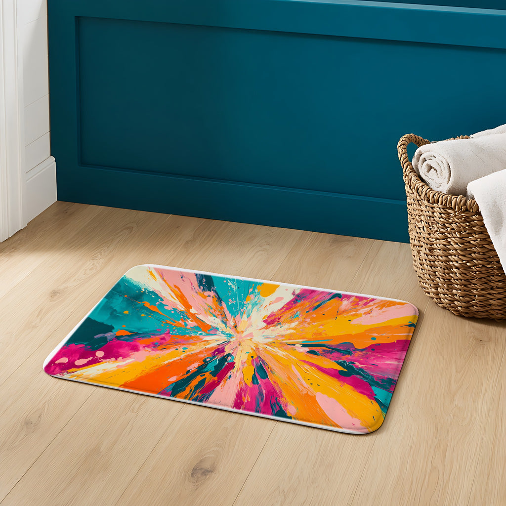 Colour Burst Explosion Bath Mat on an oak floor in a teal bathroom
