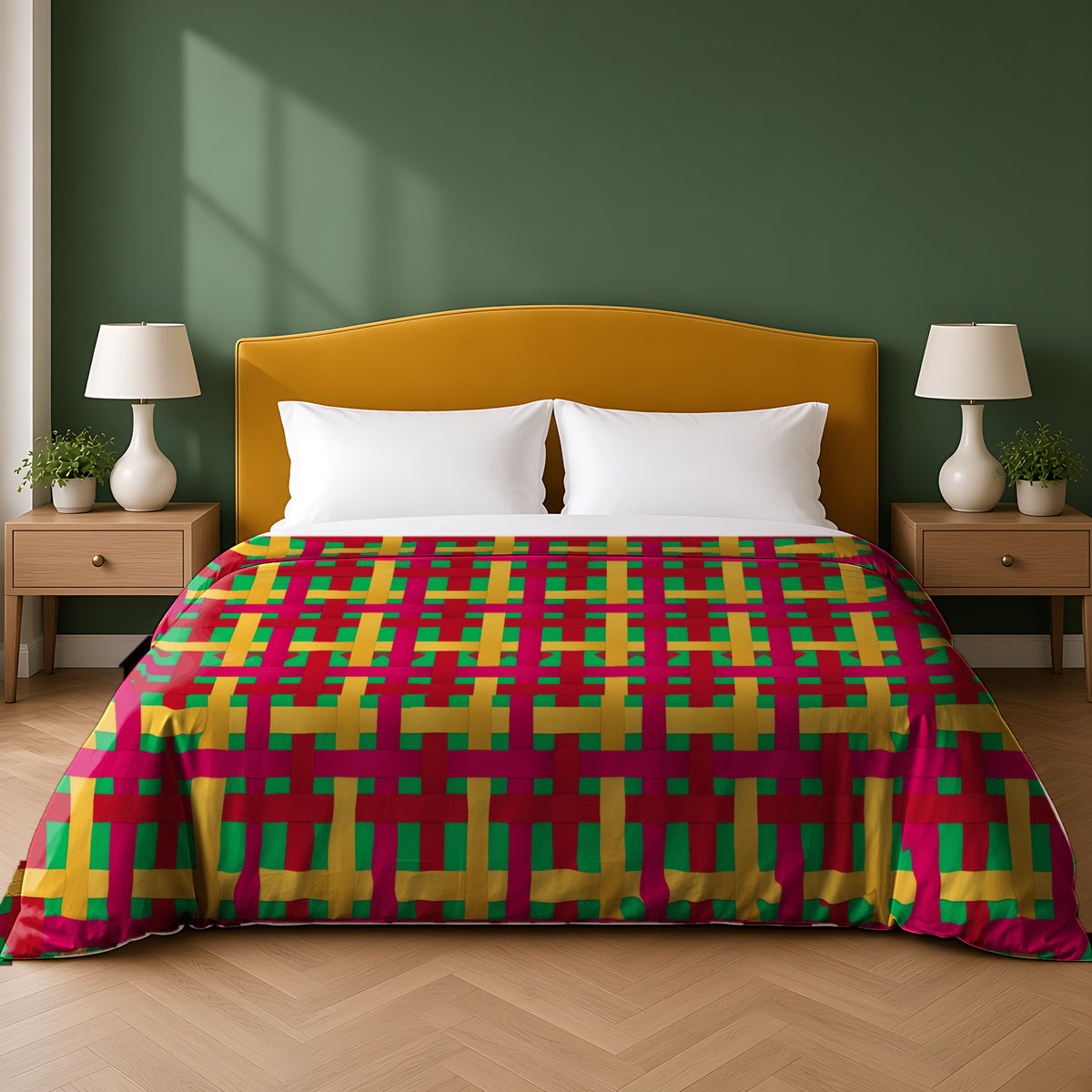 Big Jewel Ribbon Weave cotton duvet cover in the Christmas Jewel Bright palette, on a bed with a mustard headboard against a forest-green wall