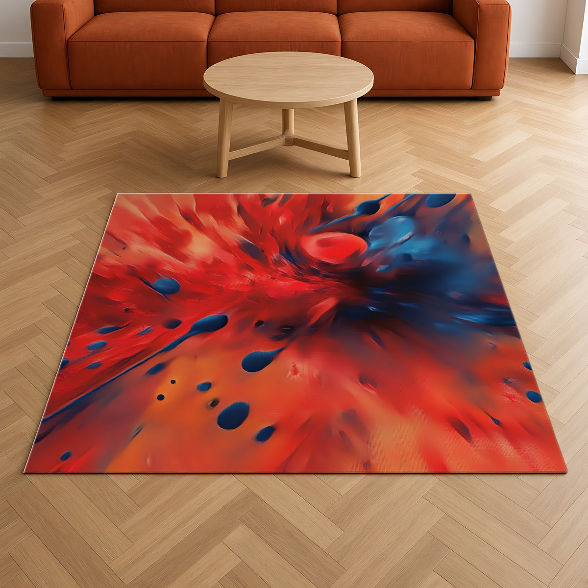 Scarlet Blue Blast Outdoor Rug on a herringbone wood floor in a living room