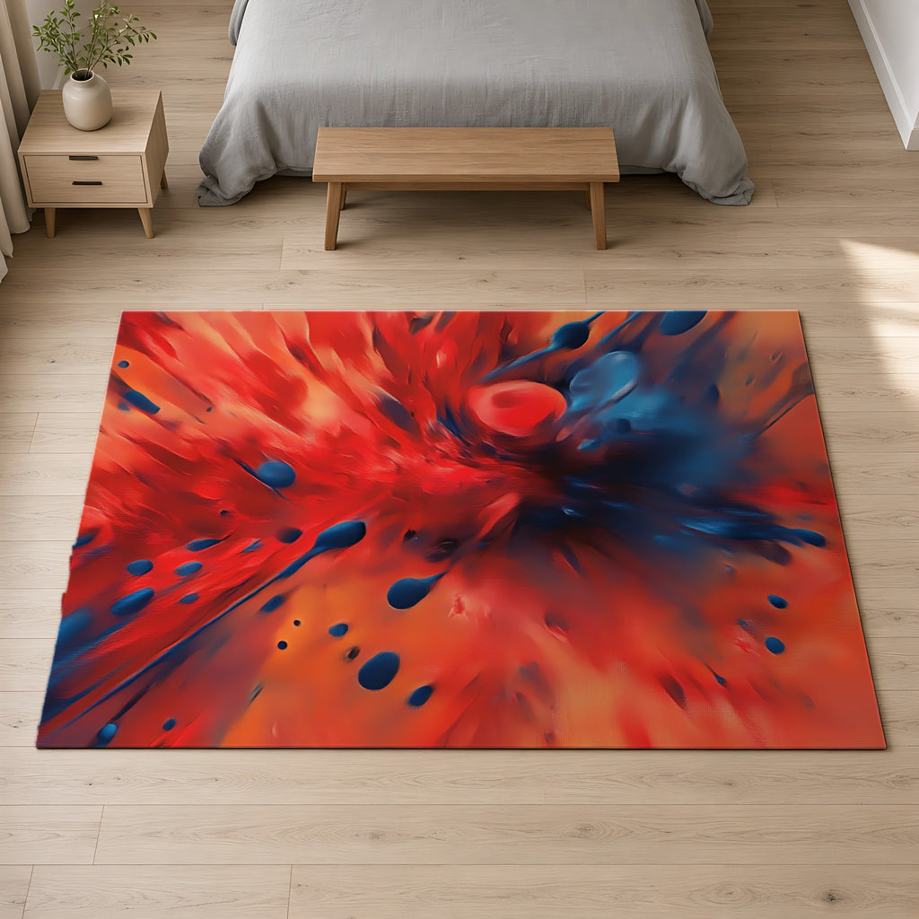 Scarlet Blue Blast Outdoor Rug on a pale oak floor in a calm bedroom
