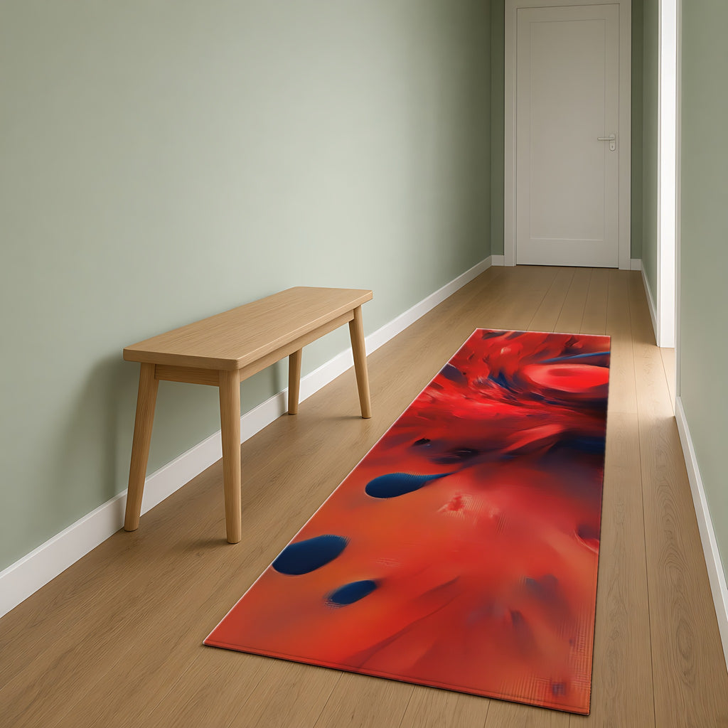 Scarlet Blue Blast Outdoor Rug as a runner in a sage-green hallway