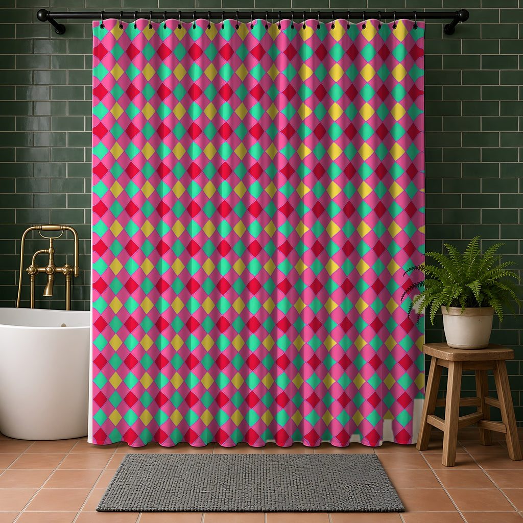 Jewel Harlequin Check Shower Curtain in a bathroom with dark green tiles