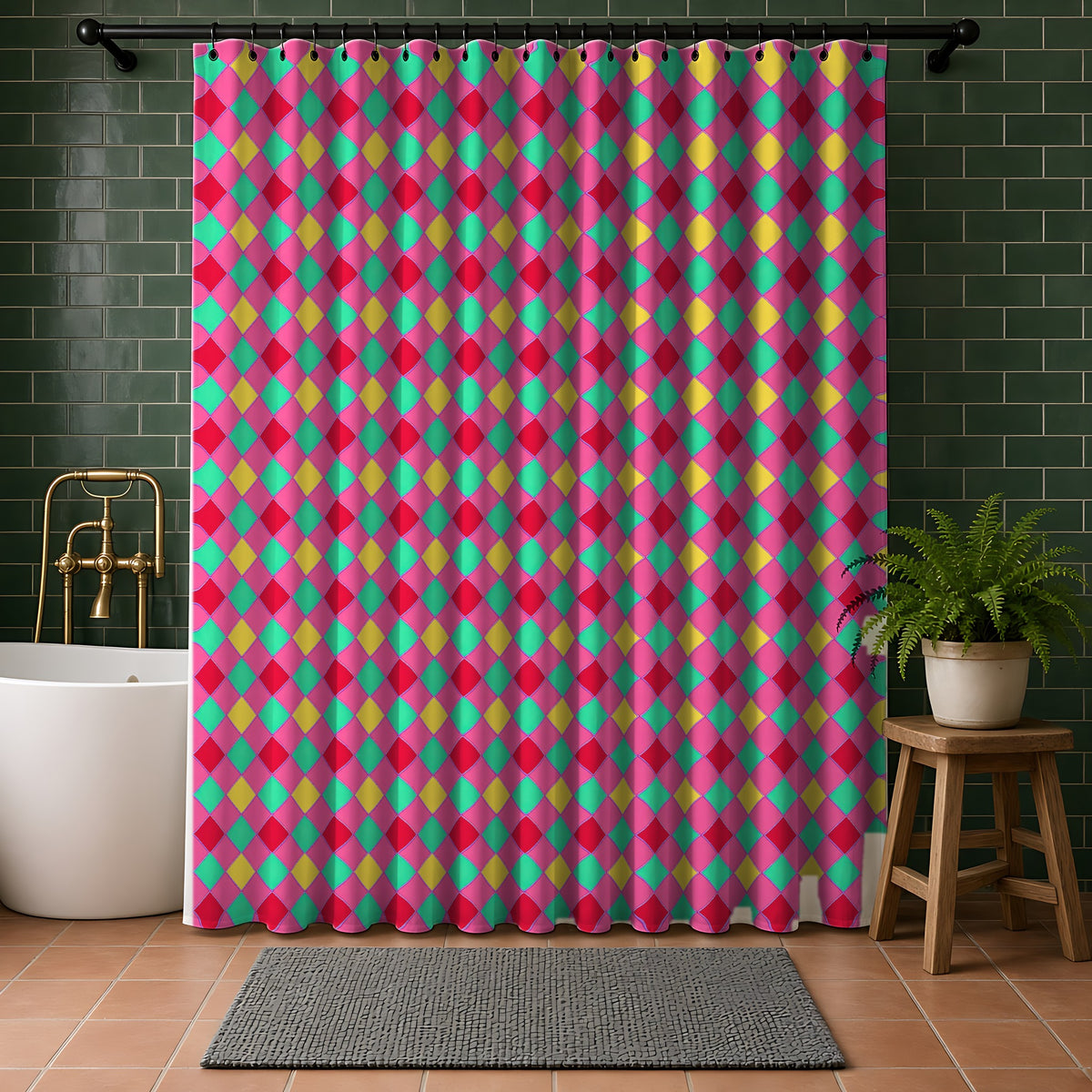 Jewel Harlequin Check Shower Curtain in a bathroom with dark green tiles