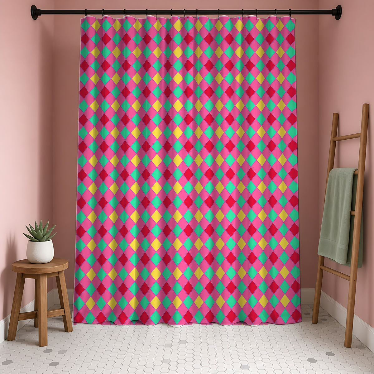 Jewel Harlequin Check Shower Curtain in a blush-pink bathroom