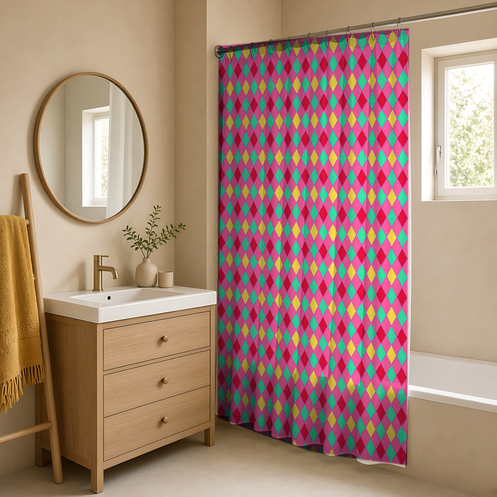 Jewel Harlequin Check Shower Curtain in a warm neutral bathroom with an oak vanity