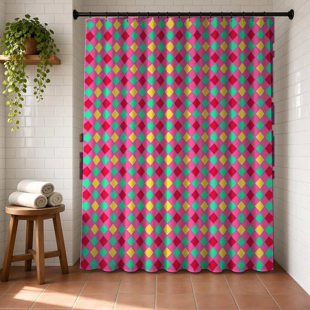 Jewel Harlequin Check Shower Curtain in a bright bathroom with white tiles and a terracotta floor