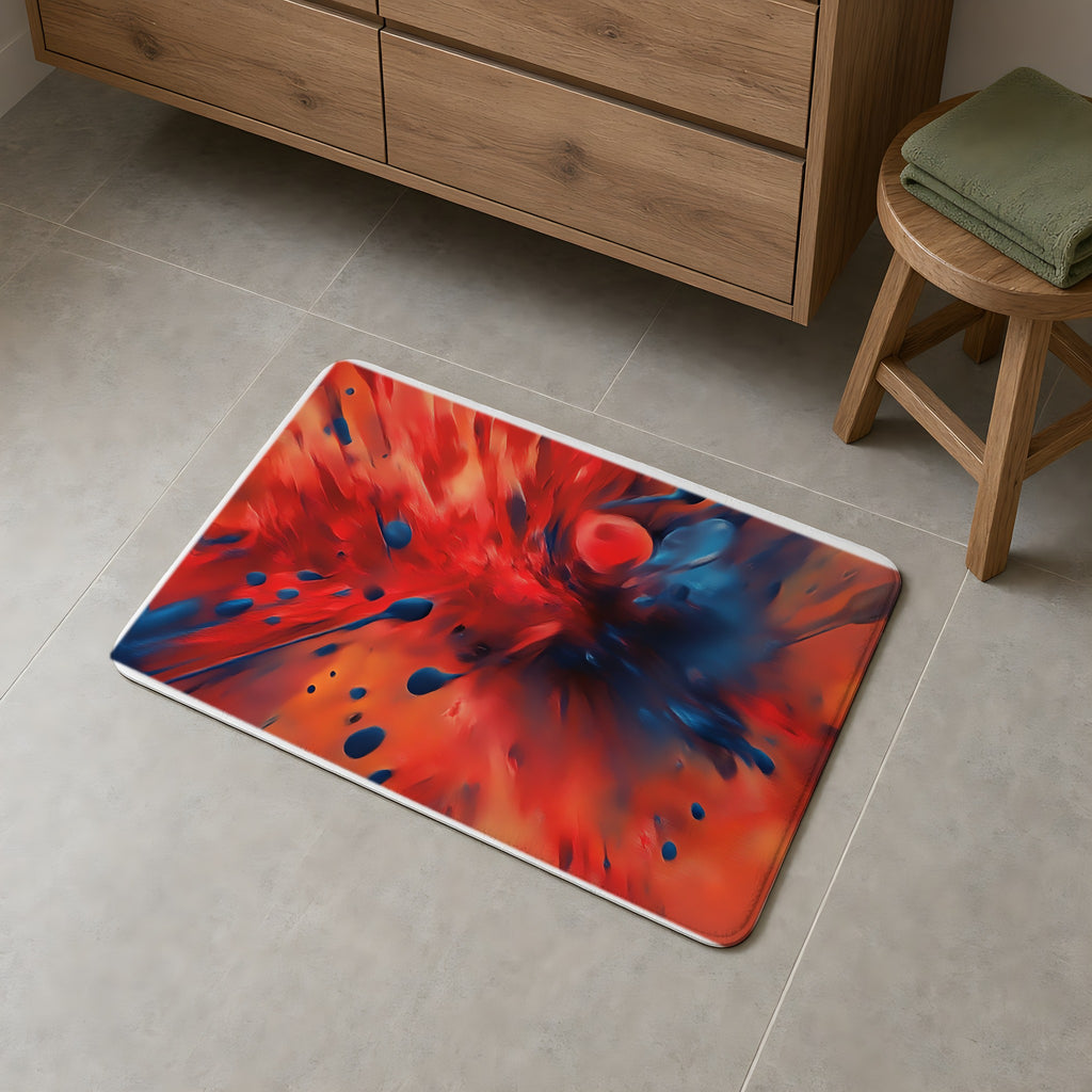 Scarlet Blue Blast Bath Mat on a grey tiled bathroom floor