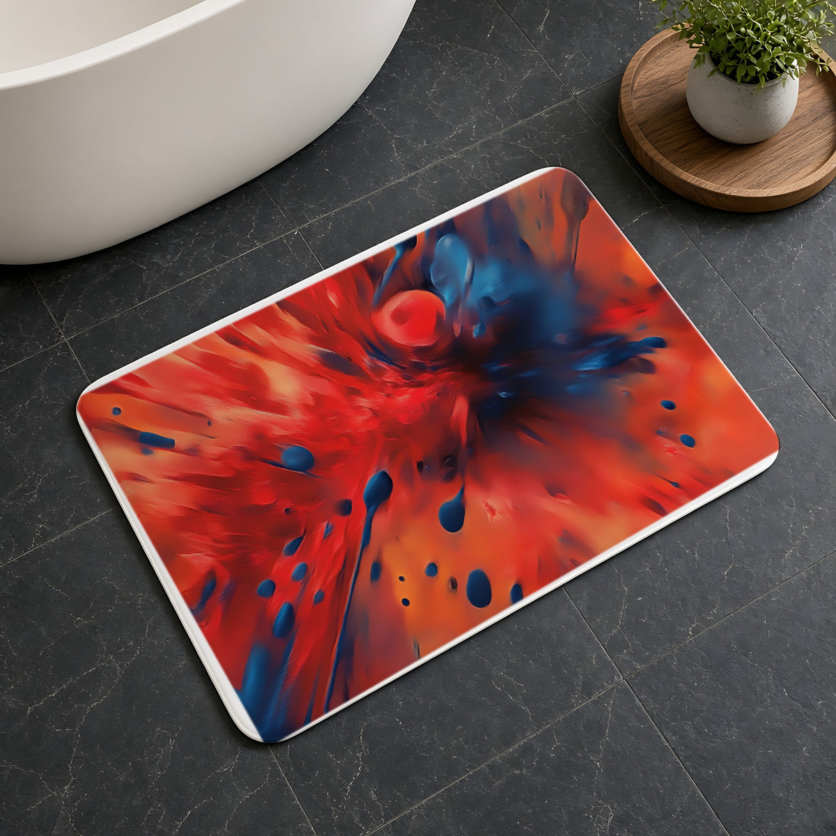 Scarlet Blue Blast Bath Mat on a dark slate floor beside a bath