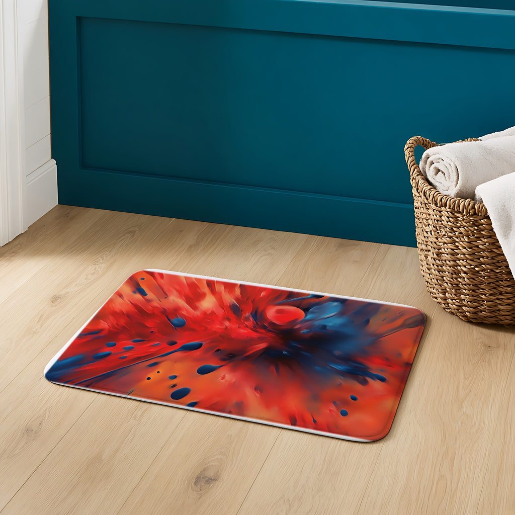 Scarlet Blue Blast Bath Mat on an oak floor in a teal bathroom