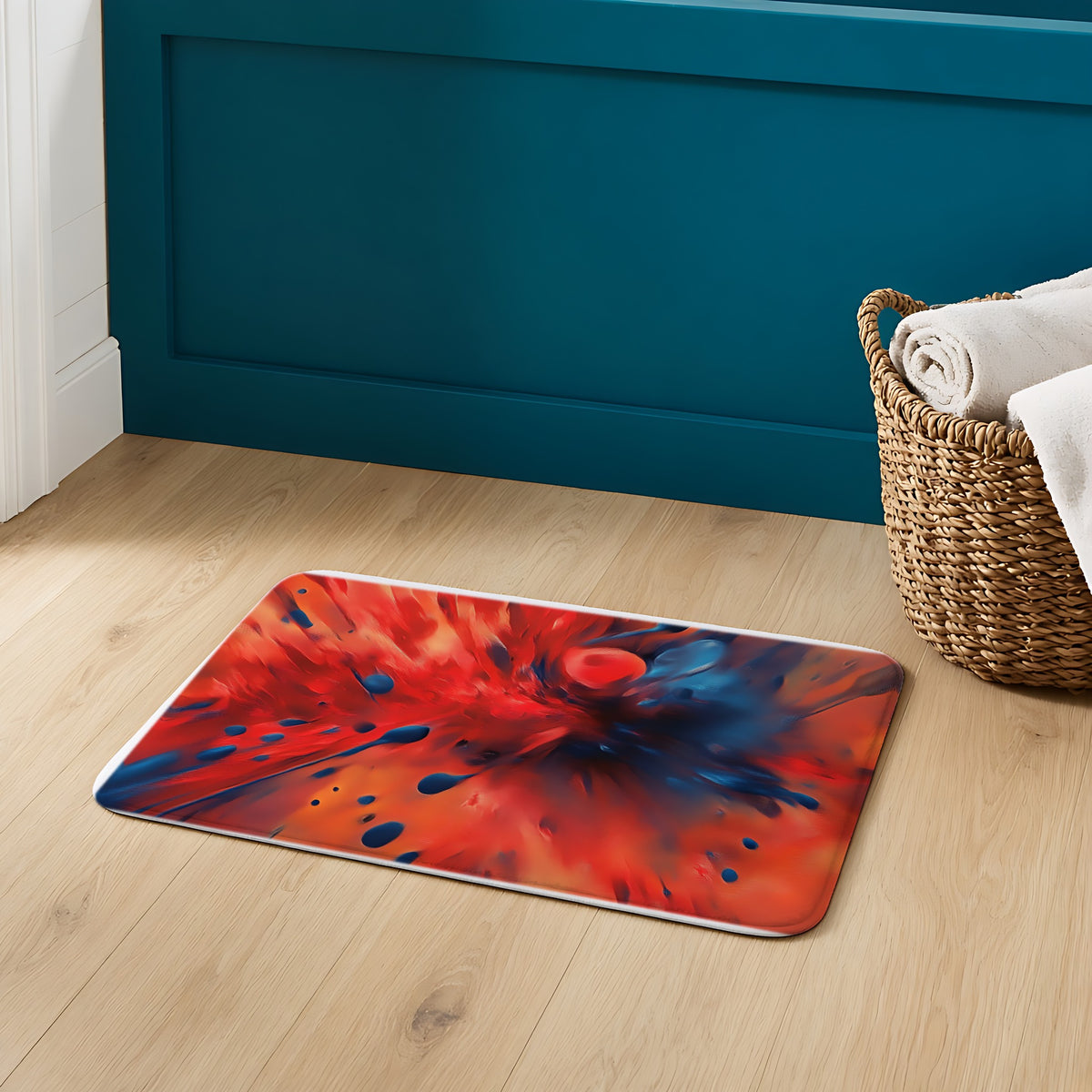 Scarlet Blue Blast Bath Mat on an oak floor in a teal bathroom