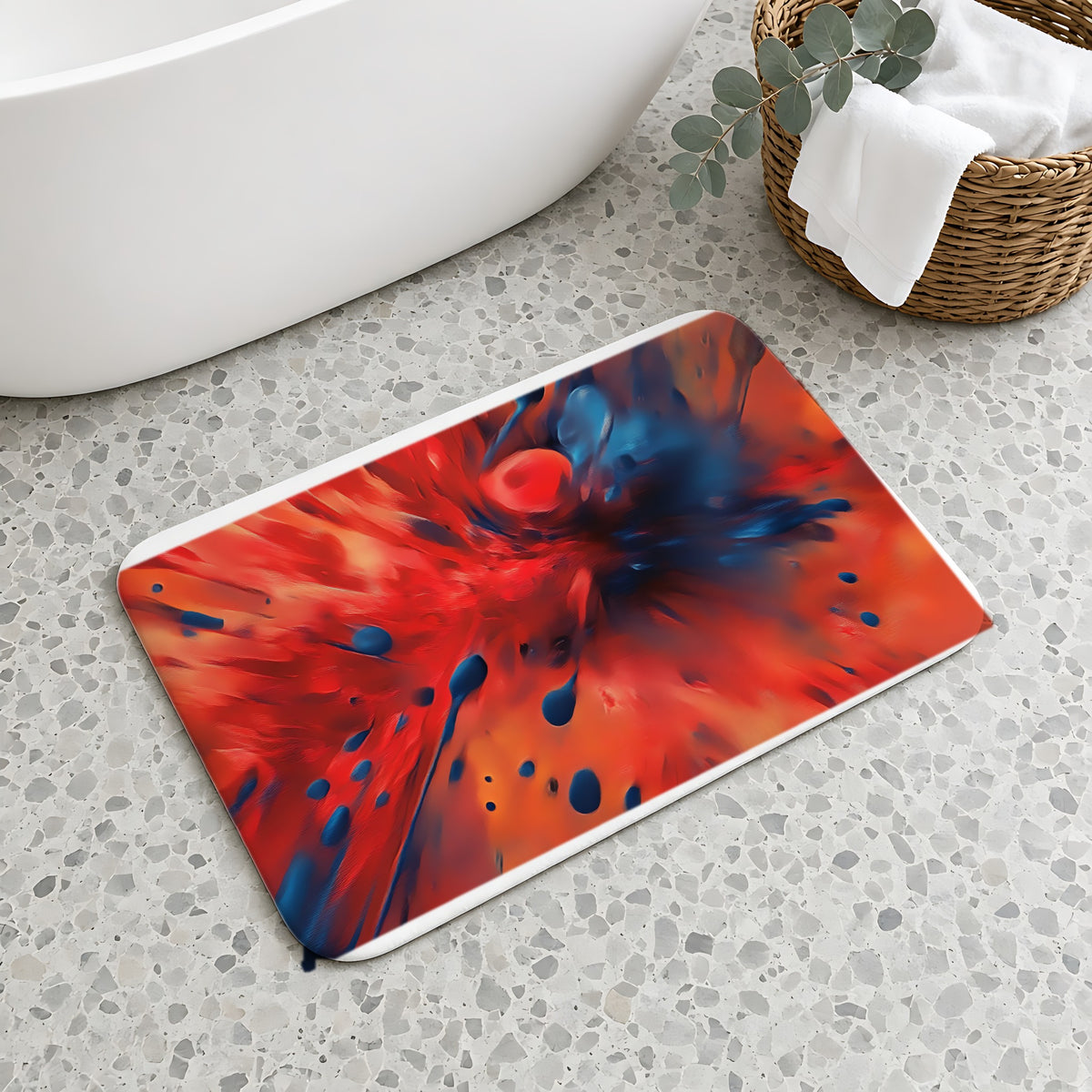 Scarlet Blue Blast Bath Mat on a terrazzo floor beside a freestanding bath
