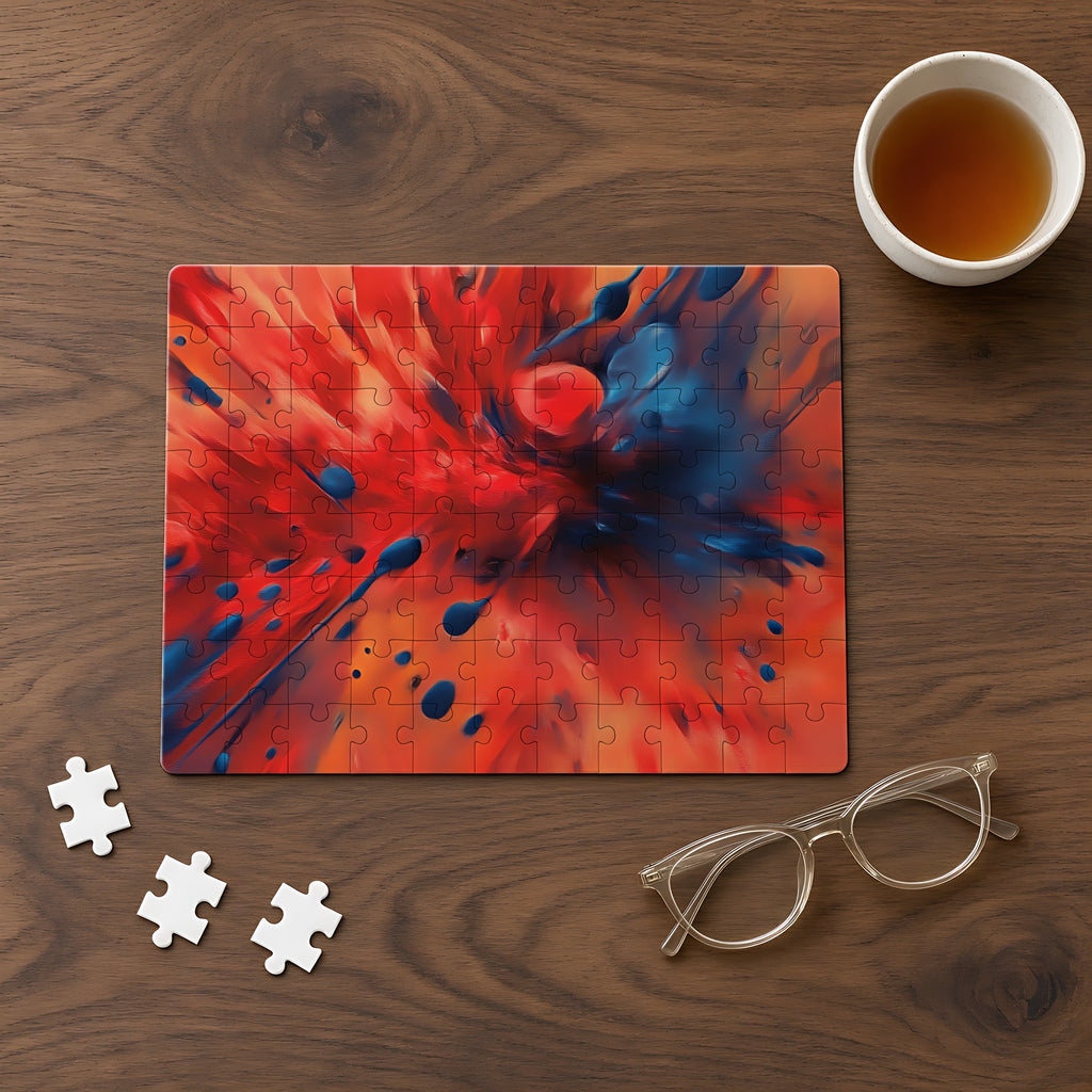 Scarlet Blue Blast Jigsaw Puzzle with Tin completed on a walnut table