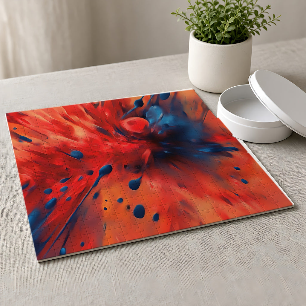 Scarlet Blue Blast Jigsaw Puzzle with Tin completed on a linen tablecloth