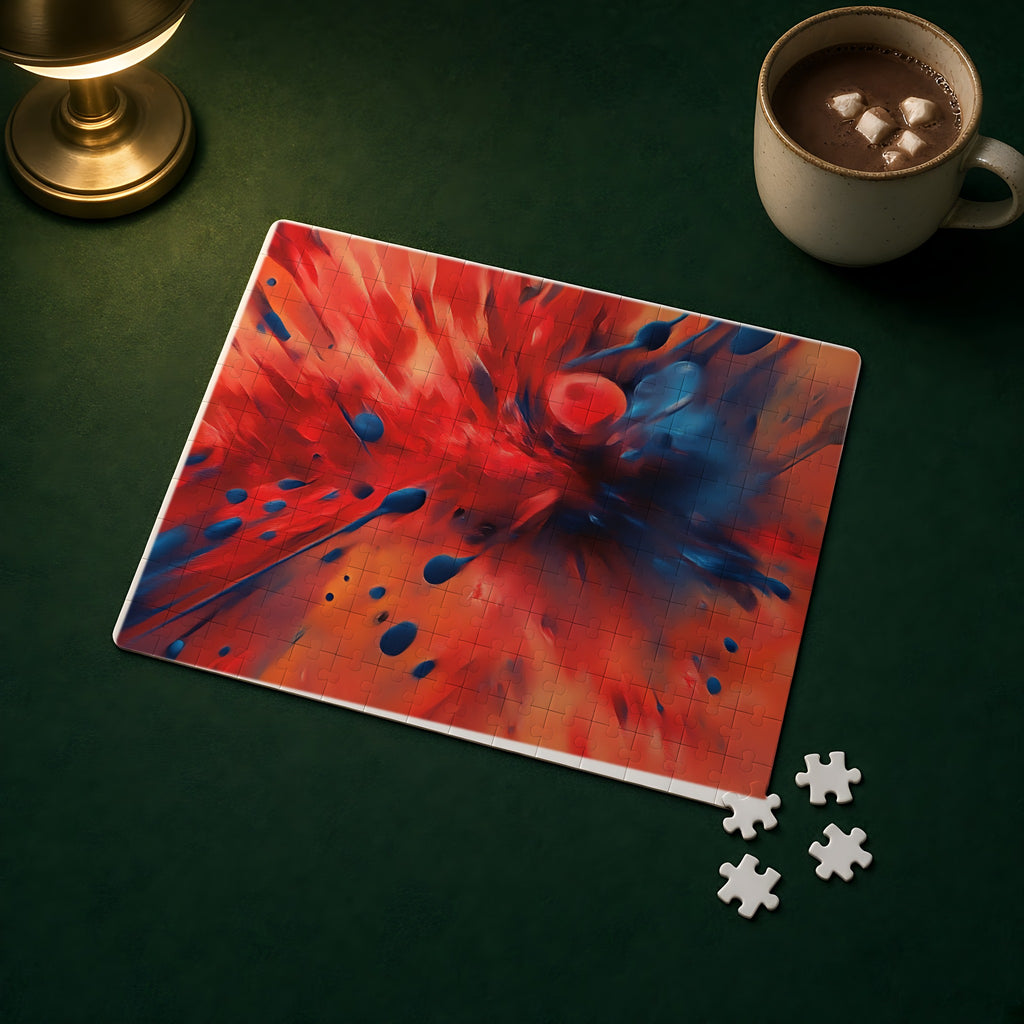 Scarlet Blue Blast Jigsaw Puzzle with Tin completed on a green games table
