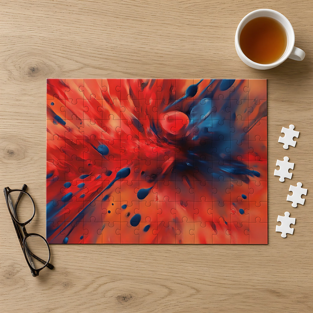 Scarlet Blue Blast Jigsaw Puzzle with Tin completed on a light oak table with a cup of tea