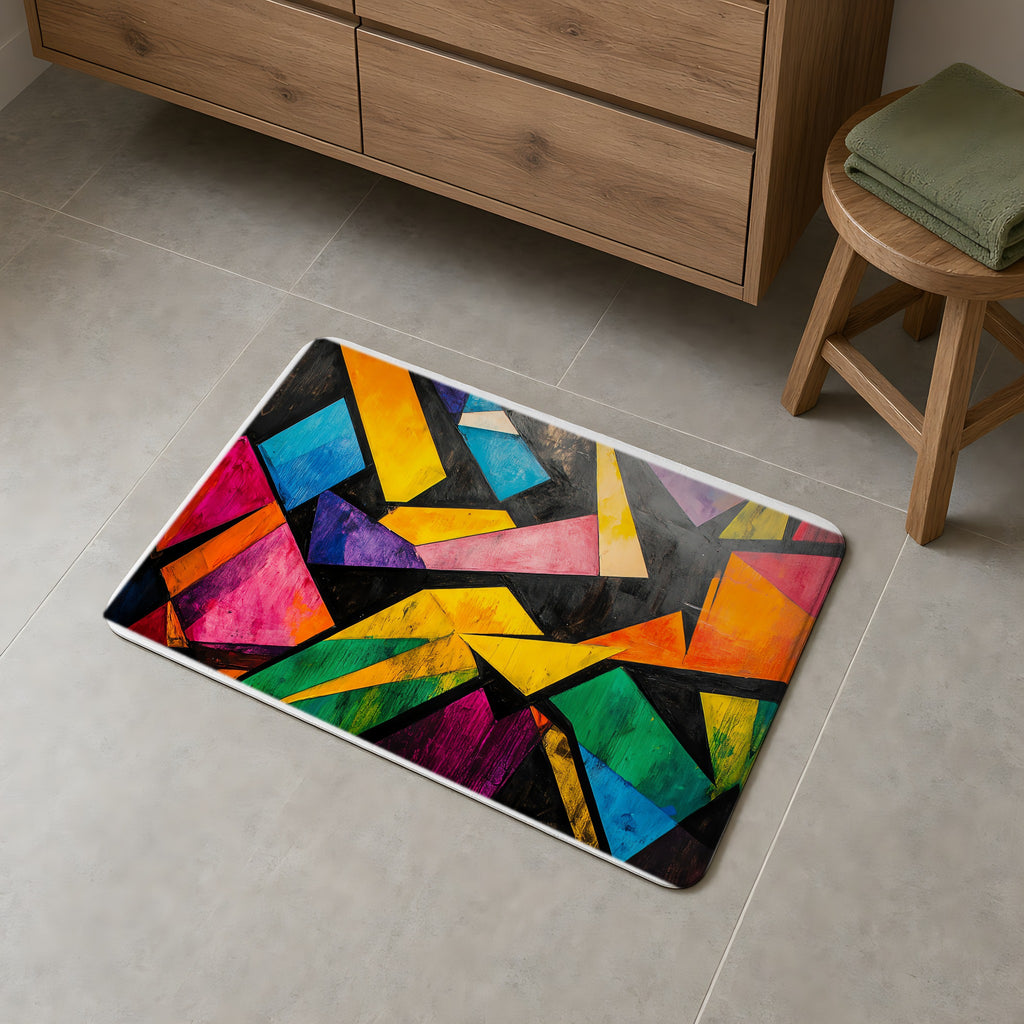 Shattered Prism Geometry Bath Mat on a grey tiled bathroom floor
