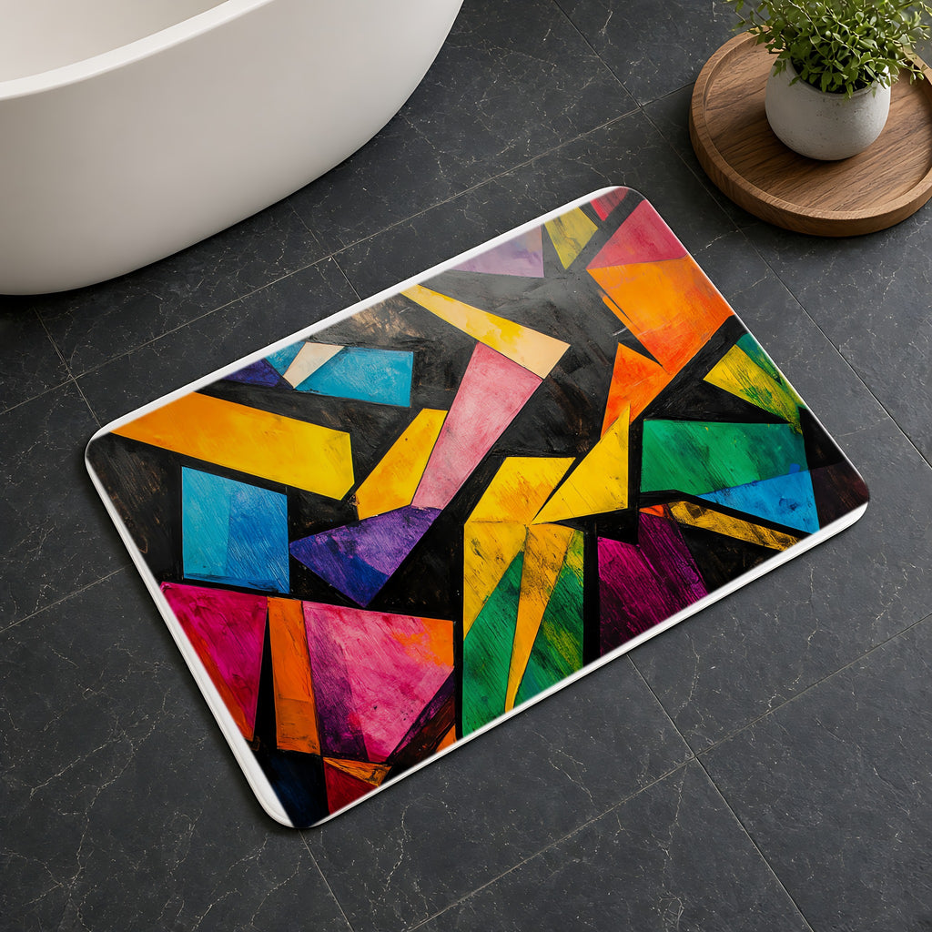Shattered Prism Geometry Bath Mat on a dark slate floor beside a bath