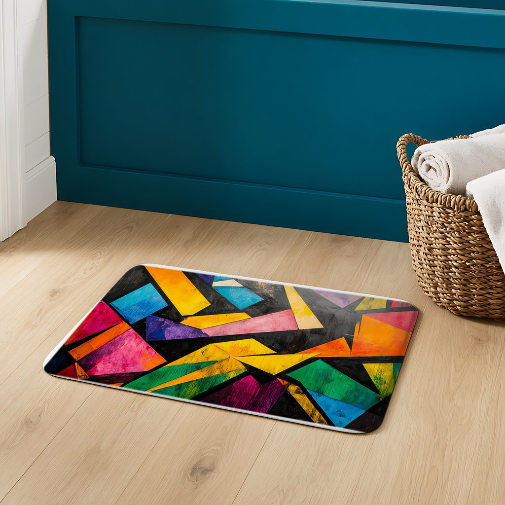 Shattered Prism Geometry Bath Mat on an oak floor in a teal bathroom