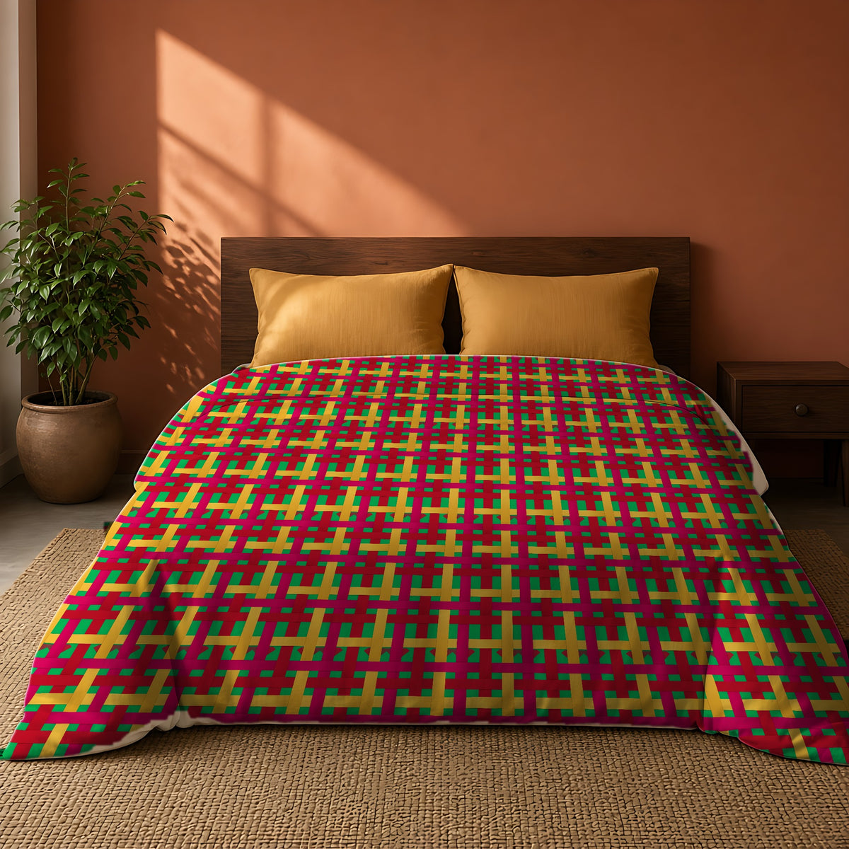Big Jewel Ribbon Weave Comforter on a king bed against a warm terracotta wall