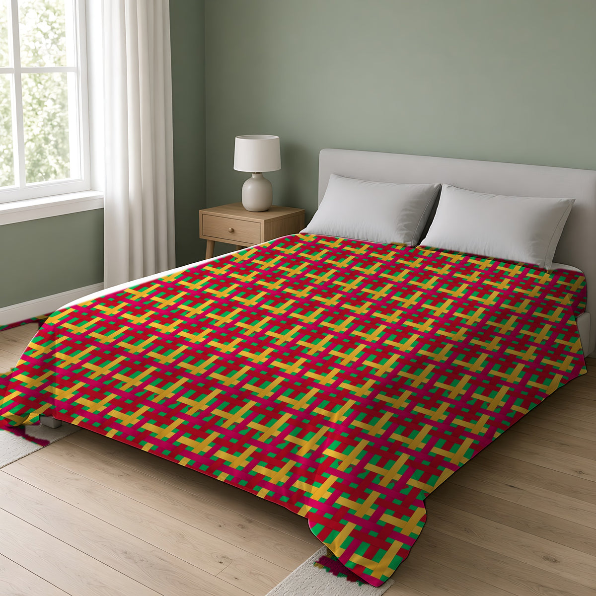 Big Jewel Ribbon Weave Comforter on a double bed in a bright sage-green bedroom