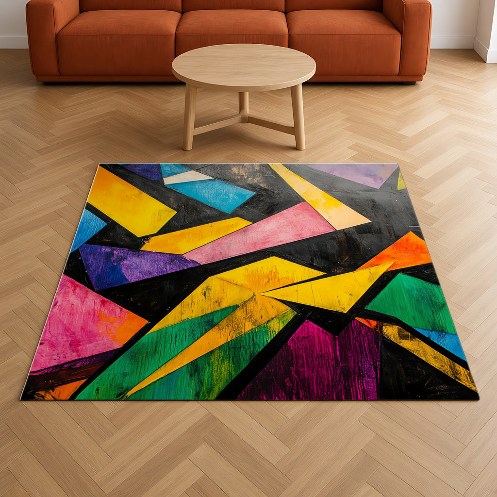 Shattered Prism Geometry Outdoor Rug on a herringbone wood floor in a living room