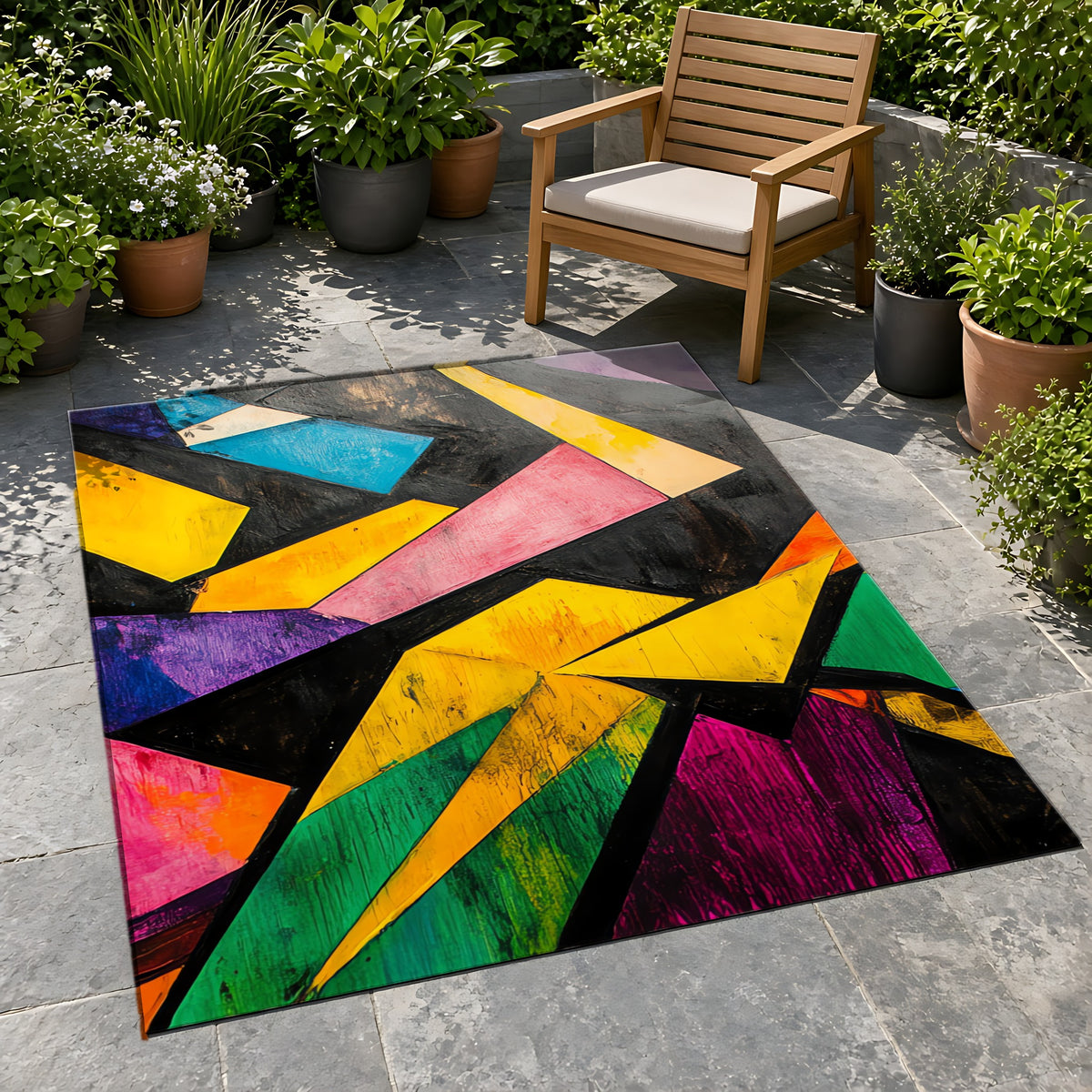 Shattered Prism Geometry Outdoor Rug on a stone patio with potted plants